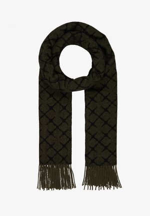 Écharpe en laine vert foncé avec motif géométrique noir, en boucle, avec de longues franges aux deux extrémités sur fond blanc.