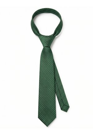 Tummanvihreä solmio, jossa pieni valkoinen vinoraitainen pilkkukuvio, valmiiksi solmittu solmu ja säädettävä lenkki, valkoisella taustalla.