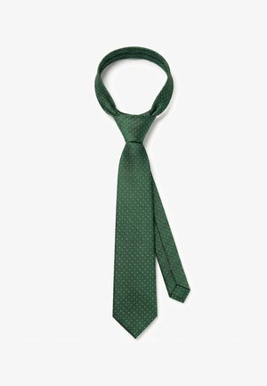 Dark green necktie with small white diagonal dot pattern, pre-tied knot, and adjustable loop, displayed on white background.