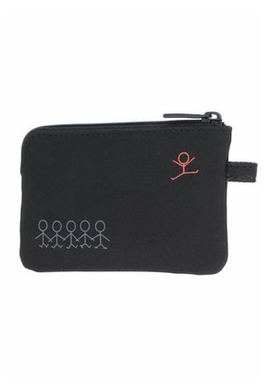Black zippered pouch with five grey stick figures holding hands on the left and one red stick figure jumping on the right.