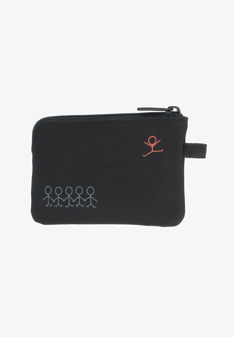 Pochette noire zippée avec cinq personnages bâtons gris se tenant la main à gauche et un personnage bâton rouge sautant à droite.