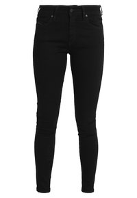 Jeans ajustados de mezclilla negra con cintura alta, con cierre de botón, presillas para cinturón y cinco bolsillos. Textura suave con costuras mínimas.