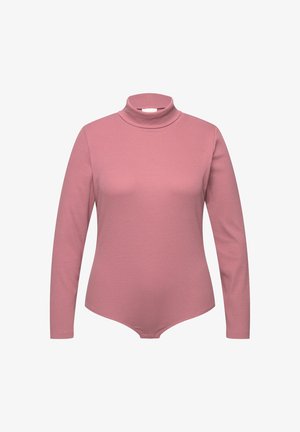 Langærmet turtle-neck bodysuit lavet af blød, strækbar stof i en dæmpet pink farve, med en tætsiddende silhuet og sømløst design.