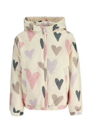 Kremowa kurtka z kapturem, z przodu z zamkiem błyskawicznym, elastycznymi mankietami i wielokolorowymi wzorami serc w odcieniach różu, szarości i beżu.