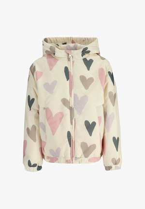 Kremowa kurtka z kapturem, z przodu z zamkiem błyskawicznym, elastycznymi mankietami i wielokolorowymi wzorami serc w odcieniach różu, szarości i beżu.