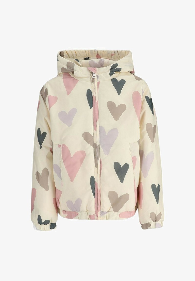 Kremowa kurtka z kapturem, z przodu z zamkiem błyskawicznym, elastycznymi mankietami i wielokolorowymi wzorami serc w odcieniach różu, szarości i beżu.