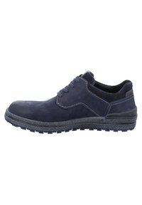 Navy blue leather shoe with textured surface, lace-up design, contrasting stitching, and durable rubber sole with grip pattern.