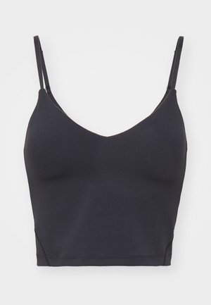 Schwarzer nahtloser Bralette mit dünnen verstellbaren Trägern, V-Ausschnitt und taillierter Passform. Weicher, dehnbarer Stoff ohne sichtbare Hardware.