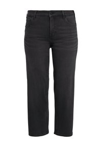 Schwarze Denim-Jeans mit geradem Bein, die subtile Nietenakzente im Hüftbereich aufweisen und einen klassischen Knopf- und Reißverschluss haben.