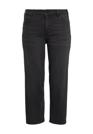 Jeans in denim nero con un design a gamba dritta, caratterizzati da sottili dettagli con borchie nella zona dei fianchi e una chiusura classica con bottone e zip.