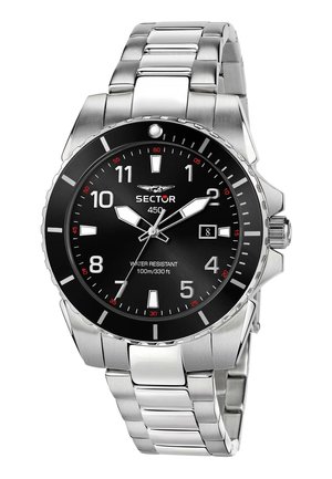Silver stainless steel watch with a black dial, white hour markers, red accents, and a date window. Water-resistant up to 100m.