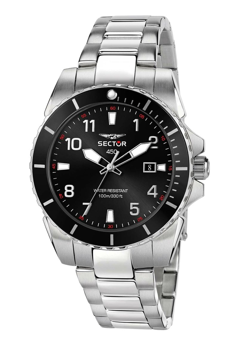Silberner Edelstahl-Armbanduhr mit schwarzem Zifferblatt, weißen Stundenmarkierungen, roten Akzenten und einem Datumsfenster. Wasserdicht bis 100 m.