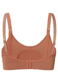 Sømløs, rustfarvet bralette lavet af blødt stof. Har justerbare stropper, en rund bagåbning og en enkel krog-lukning.
