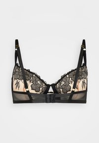 Schwarze Spitzen-Bralette mit floralem Muster, gewellten Kanten, durchscheinendem Netzfutter, verstellbaren Trägern und goldenen Hardware-Details. Frontausschnitt.
