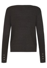 Pull en maille foncé à manches longues vu de dos, avec trois boutons métalliques sur chaque poignet. Aucun motif ou logo visible.