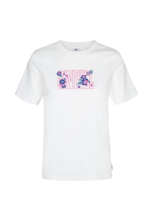 Camiseta de algodón blanca con un diseño floral colorido en rosa y azul dentro del texto "O'NEILL". Mangas cortas y cuello redondo.