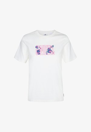 Weißes Baumwoll-T-Shirt mit einem bunten Blumenmuster in Pink und Blau im Schriftzug "O'NEILL". Kurze Ärmel und Rundhalsausschnitt.