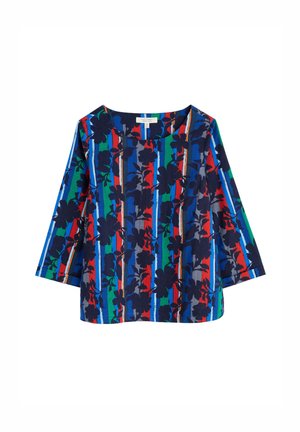 Multikleuren blouse in marineblauw, met bloempatronen en verticale strepen in rood, groen en blauw. Boxy vorm met driekwart mouwen.