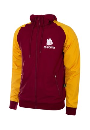 Bordeaux en gele windbreaker jas met een ritssluiting aan de voorkant, capuchon, zijzakken en het AS Roma-logo in het wit op de borst. Soepele textuur, sportieve pasvorm.