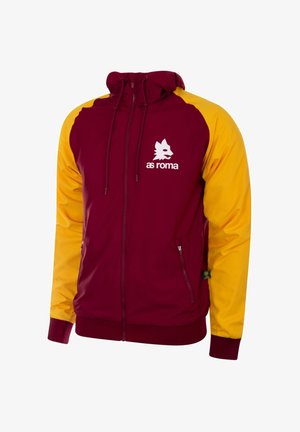 Bordeaux en gele windbreaker jas met een ritssluiting aan de voorkant, capuchon, zijzakken en het AS Roma-logo in het wit op de borst. Soepele textuur, sportieve pasvorm.