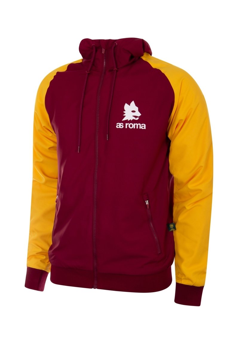 Bordeaux en gele windbreaker jas met een ritssluiting aan de voorkant, capuchon, zijzakken en het AS Roma-logo in het wit op de borst. Soepele textuur, sportieve pasvorm.