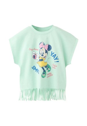 Svetlozelená košeľa krátky rukáv s strapcový lem, s Minnie Mouse držiacou fotoaparát a frázami ako „Say cheese“, „Yay!“ a „Smile.“