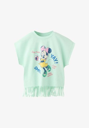 Svijetlozelena košulja kratkih rukava s resama na rubu, s Minnie Mouse koja drži kameru i izrazima poput "Say cheese", "Yay!" i "Smile."