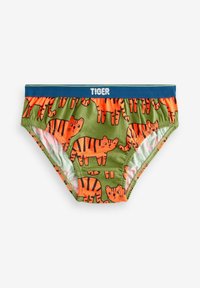 Vihreät uimapuvut, joissa on oranssien tiikereiden printti, sininen vyötärönauha, jossa lukee "TIGER." Pehmeä kangas ja joustava reuna.