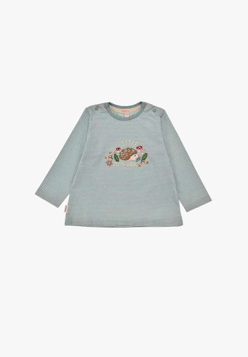 Chemise à manches longues bleu clair avec des rayures blanches, ornée d'une broderie de hérisson et d'accents floraux. Détails de boutons-pression à l'épaule.