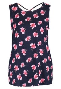 Marineblaue ärmellose Bluse mit floralem Muster, das rosa Blumen zeigt. Weicher Stoff mit lässigem Schnitt und überkreuzten Trägern auf der Rückseite.