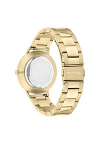 Goldfarbene Armbanduhr aus Edelstahl mit rundem Gehäuse, Gliederarmband und polierter Oberfläche. Enthält eine silberfarbene Krone und verstellbare Glieder.