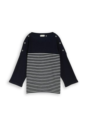 Marineblauw shirt met lange mouwen, witte horizontale strepen op de romp en knoopdetails op de schouders.