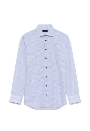 Vaaleansininen pitkähihainen nappipaita, jossa on pieniä tummansinisiä pilkkuja ja klassinen kaulus, asetettuna tasaisesti valkoiselle taustalle.