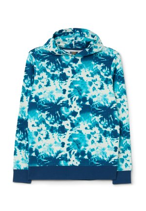 Sweat-shirt à capuche bleu tie-dye présentant un mélange de teintes turquoise claires et foncées, fabriqué en tissu doux, avec des poignets et un ourlet côtelés.