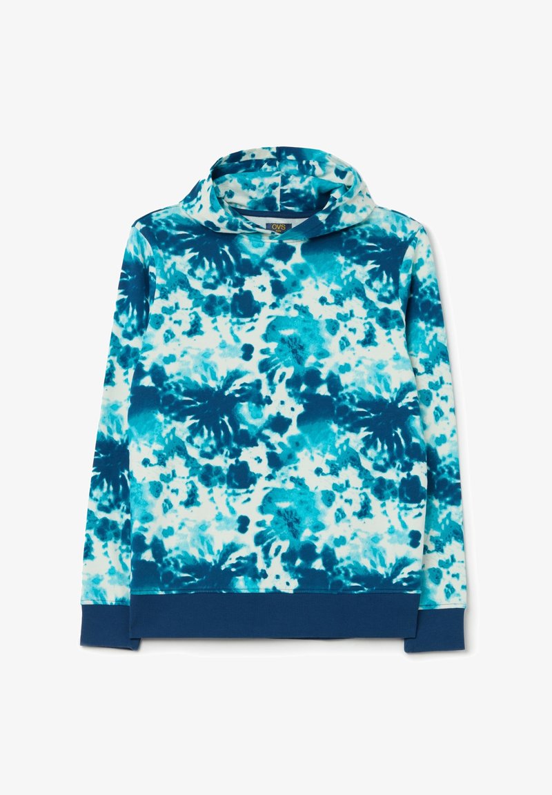 Sudadera con capucha de tie-dye azul que presenta una mezcla de tonos de teal claros y oscuros, fabricada en un tejido suave, con puños y dobladillo acanalados.