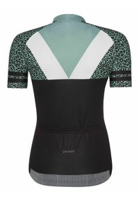 Fietsshirt met korte mouwen, voorzien van een zwarte basis, mintgroene en witte geometrische patronen, en accenten met leopardprint.