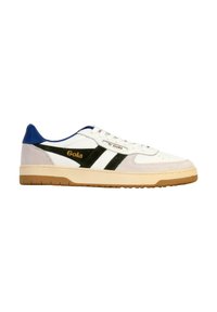 Sneaker bianco con accenti blu e strisce verdi. Realizzato in pelle e camoscio, presenta una suola in gomma texturizzata e un dettaglio del logo dorato.