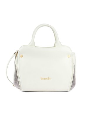 Borsa a tracolla in pelle bianca con forma arrotondata, dettagli in metallo dorato e lati in rete argentata testurizzata. Presenta manici corti e una tracolla regolabile.