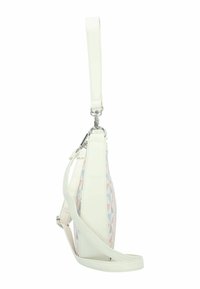 Witte neplederen crossbody tas met geometrisch patroon in pastelkleuren. Bevat een afneembare schouderriem en hardware in zilverkleur.