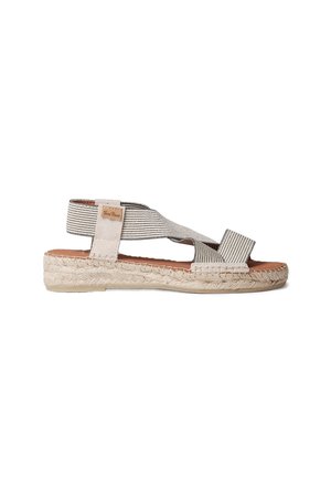Beige and gray espadrille sandal with crisscross fabric straps, a textured woven jute sole, and a brown leather insole.