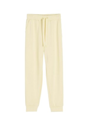 Kremowe spodnie dresowe z elastycznym pasem, przednim sznurkiem, bocznymi kieszeniami i ściągaczami przy kostkach.