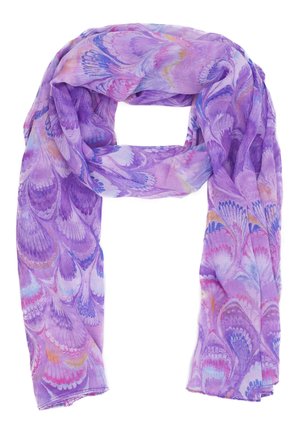 Sciarpa viola realizzata in tessuto leggero, che presenta un motivo simile a penne in diverse tonalità di viola, con accenti rosa e blu.