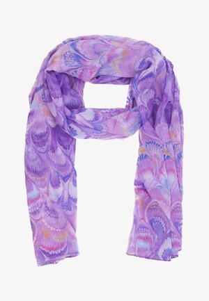 Sciarpa viola realizzata in tessuto leggero, che presenta un motivo simile a penne in diverse tonalità di viola, con accenti rosa e blu.