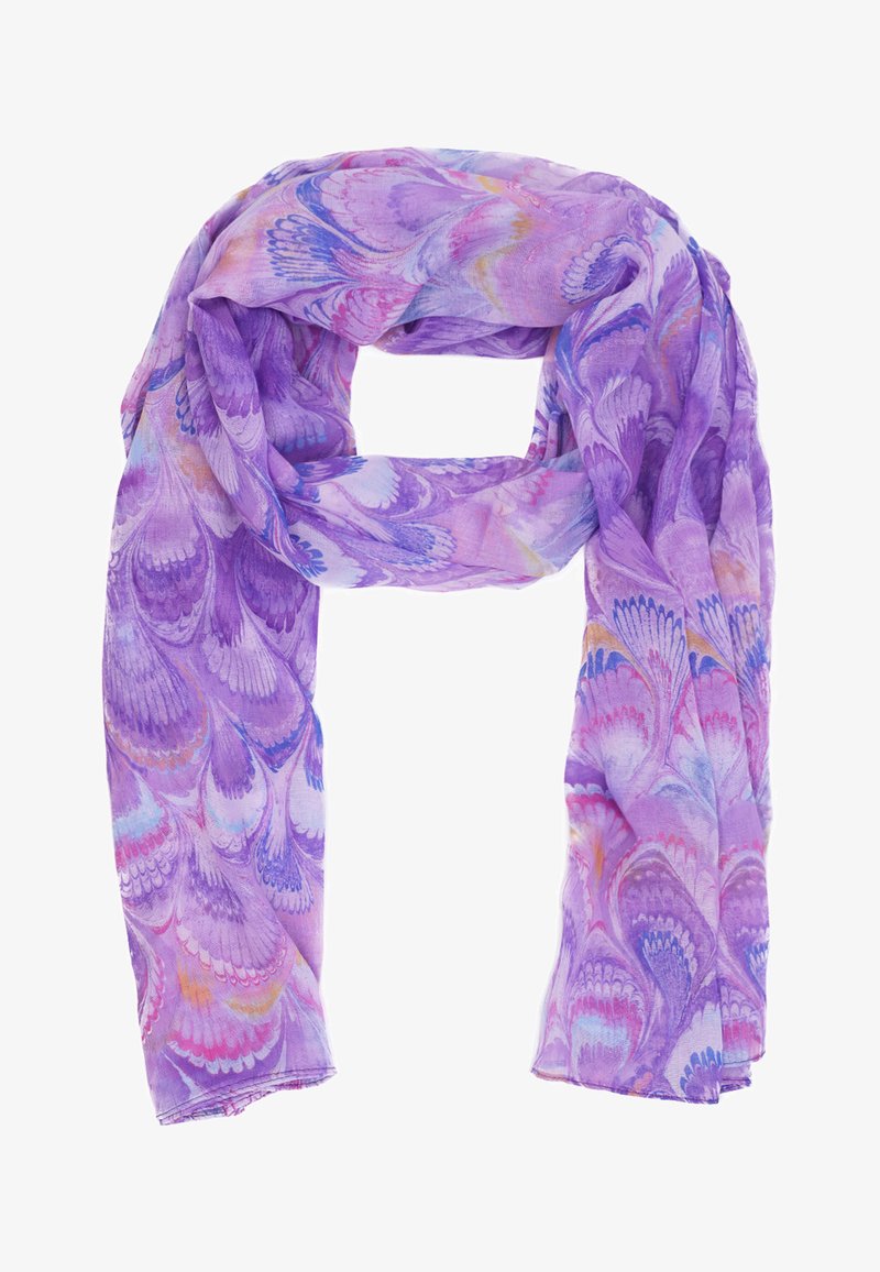 Sciarpa viola realizzata in tessuto leggero, che presenta un motivo simile a penne in diverse tonalità di viola, con accenti rosa e blu.