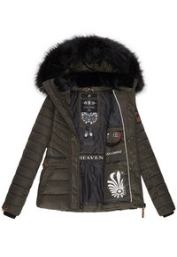 Olive green padded jacket with a faux fur-lined hood. Front zip closure, two side pockets, and interior branding details in black and white.