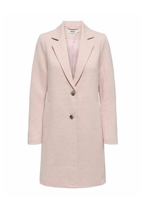 Manteau pour femme rose clair à simple boutonnage avec deux boutons, revers crantés, poches latérales et doublure intérieure lisse.