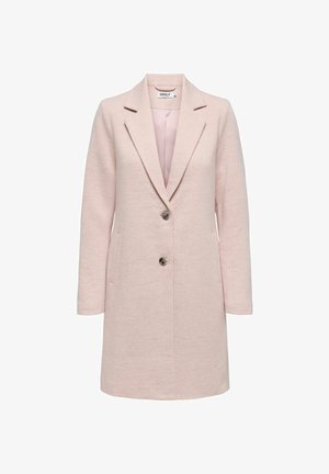 Manteau pour femme rose clair à simple boutonnage avec deux boutons, revers crantés, poches latérales et doublure intérieure lisse.