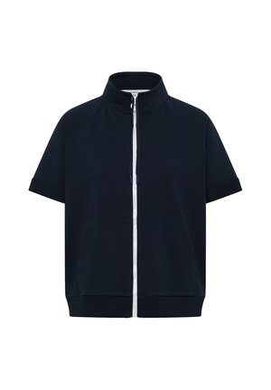 Veste bleu marine à manches courtes avec col montant et fermeture éclair blanche à l’avant, avec poches avant et ourlet et poignets côtelés.