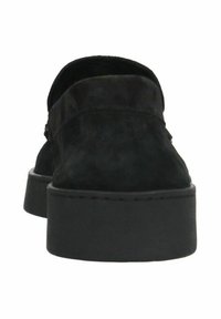 Black suede shoes with a rounded toe and a thick black platform sole. The back has a smooth finish and minimal detailing.