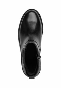 Botín de cuero negro hasta el tobillo con una punta redondeada elegante, superficie lisa, paneles laterales elásticos y una asa en la parte trasera para facilitar su uso.